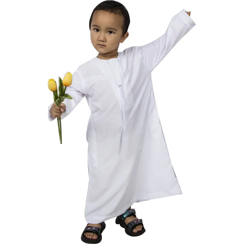 Muslim Fashion Children's Embroidery White Robe Oman Boys' Long Robe Medium Big Robe Islamic Clothing Abaya Arabic Jubba Thobe