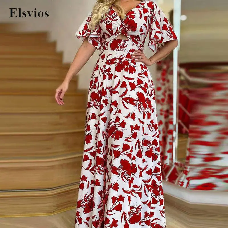 

Sexy V Neck Hollow Out Long Beach Dress Women Print Short Sleeve Summer Casual Boho Dress Autumn Elegant High Waist Party Dress