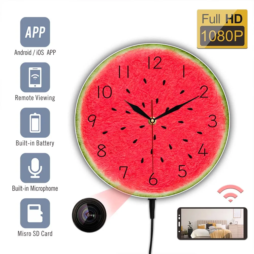 Watermelon Modern Art Printed Wall Clock With WIFI Camera Kitchen Decor For Dinning Room Summer Fruit 1080P Security Wall Clock
