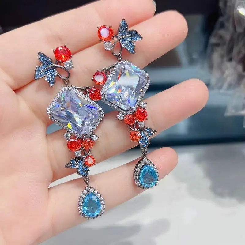

Bilincolor Retro Vintage Blue Leaf Cubic Zirconia Earring for Women