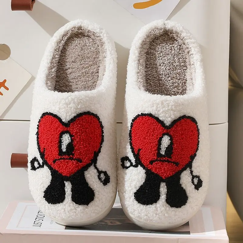 

UN VERANO SIN TI Winter Fulffy Slippers Plush Fleece Flat Love Heart Slippers Sweet Indoor Cotton Slippers For Couple Shoes