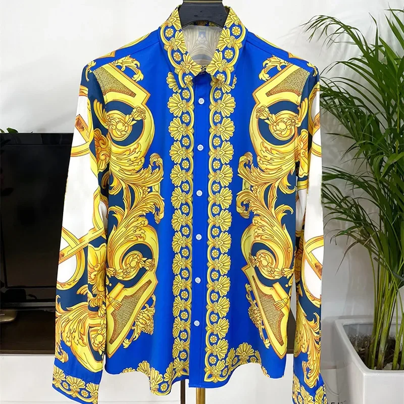 

Luxury Print Men Shirt Long Sleeve Vintage Gold Baroque Designer Shirts Men Dress Streetwear Camisa Feminina 2024 Camicie Uomo