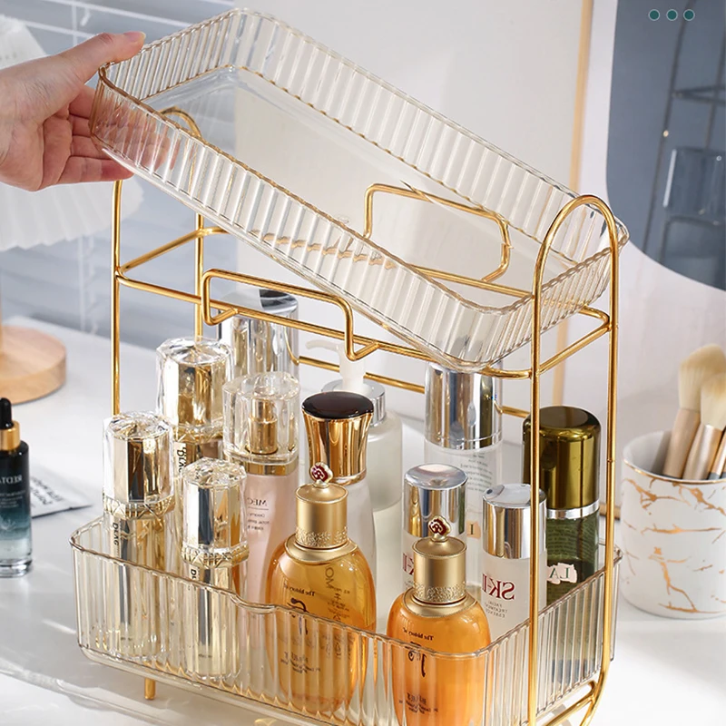 

Desktop Double Layer Bathroom Organizer Shelf Metal Cosmetic Storage Rack Waterproof Skincare Lipstick Makeup Perfume Holder