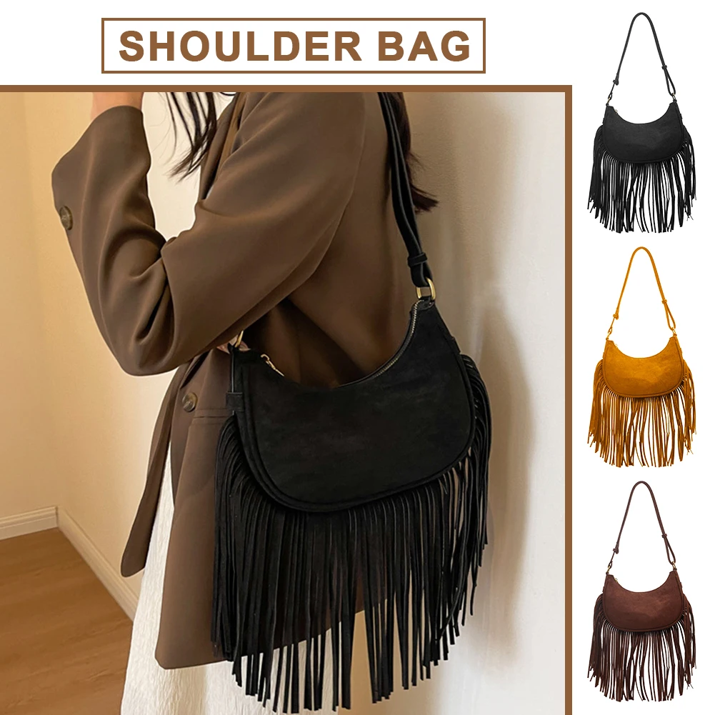

2023 Women Boho Fur Fringe Saddle Bag Autumn/Winter Zipper Closure Crescent Tassel Bag Adjustable Strap Solid Color Underarm Bag