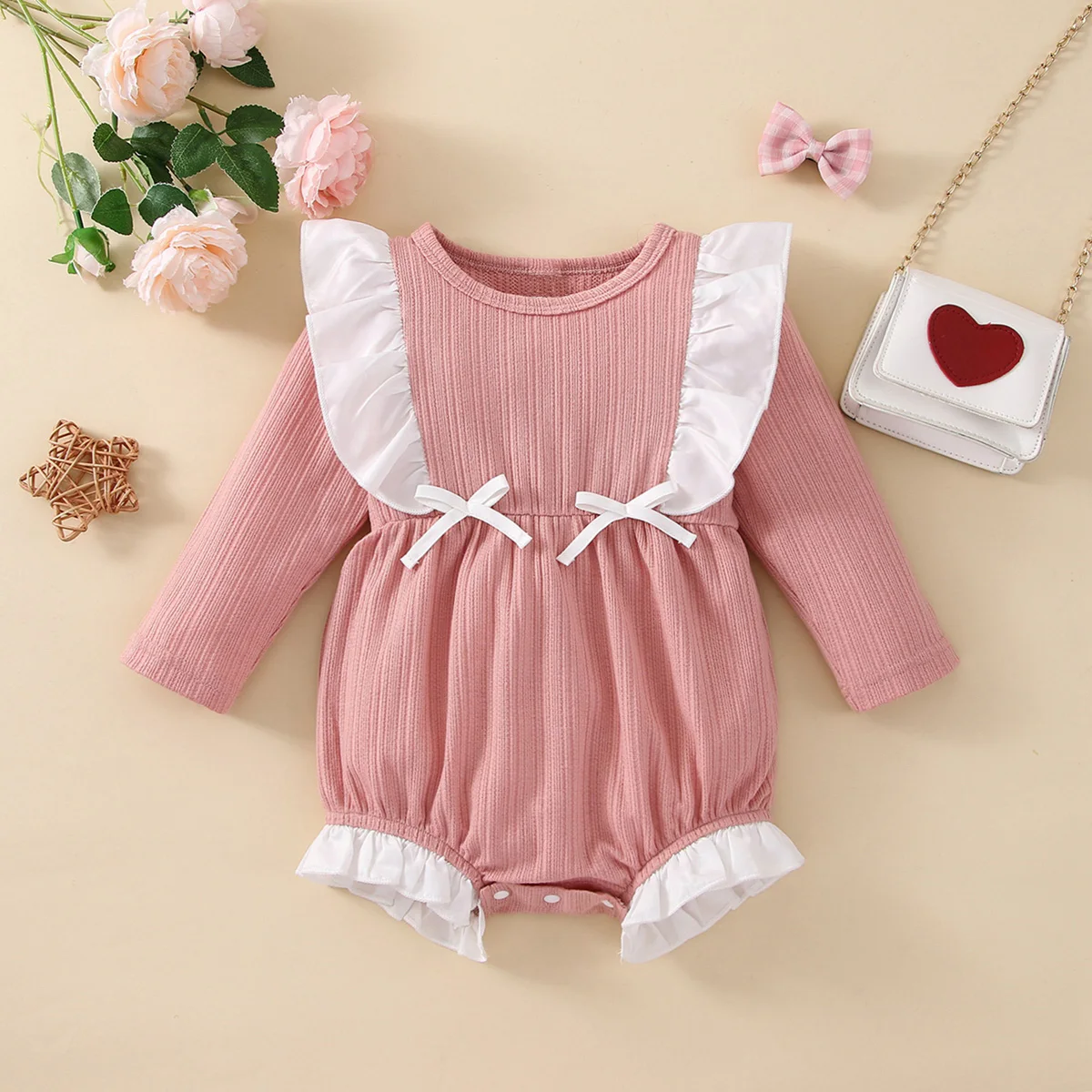 

hibobi Baby Girls Sweet Autumn Romper Long Sleeve Solid Color Bowknot Ruffle Decor Jumpsuit Newborn Infant Clothing Bodysuit