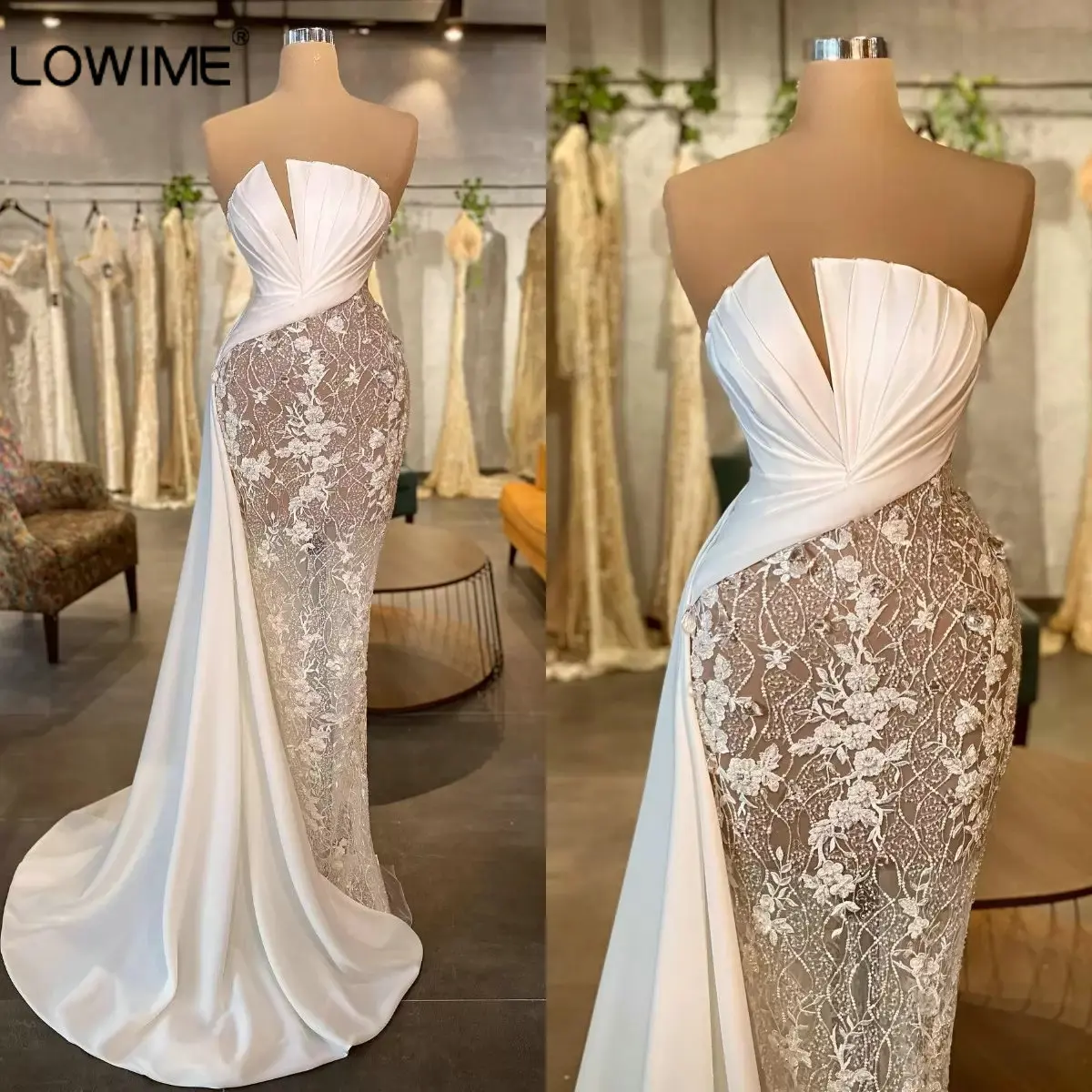 

Sexy White Long Mermaid Prom Gowns Strapless Beaded Lace Appliqued Illusion Women Party Dress Sweep Train Formal Evening Dress