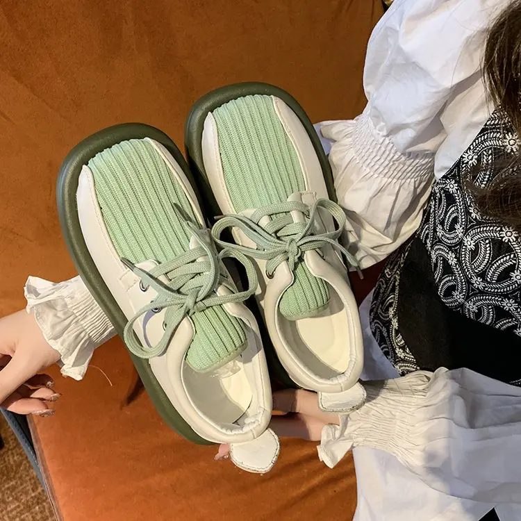 

New Fashion Ladies Casual Shoes Lace Up Mesh Solid Color Casual Round Toe Platform Shoes Middle Heel Ladies Flat Shoes