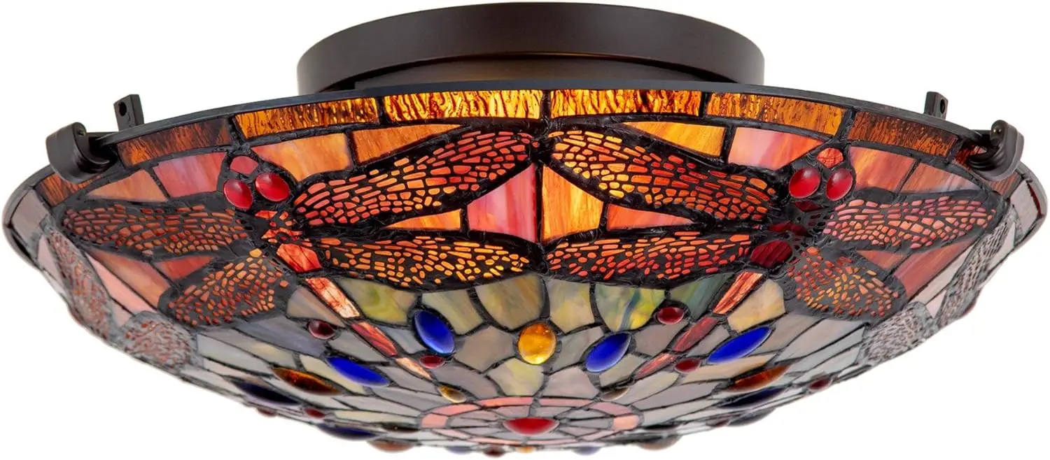 

15.5" 2-Light Modern Dragonfly Tiffany Glass Flush Mount Ceiling Light, Black Finish Led downlight Recessed dc lights v Table la