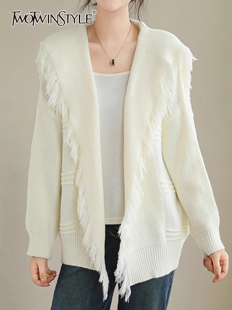 

TWOTWINSTYLE Solid Loose Knitting Sweaters For Women Sailor Collar Long Sleeve Patchwork Tassel Minimalist Sweater Female New