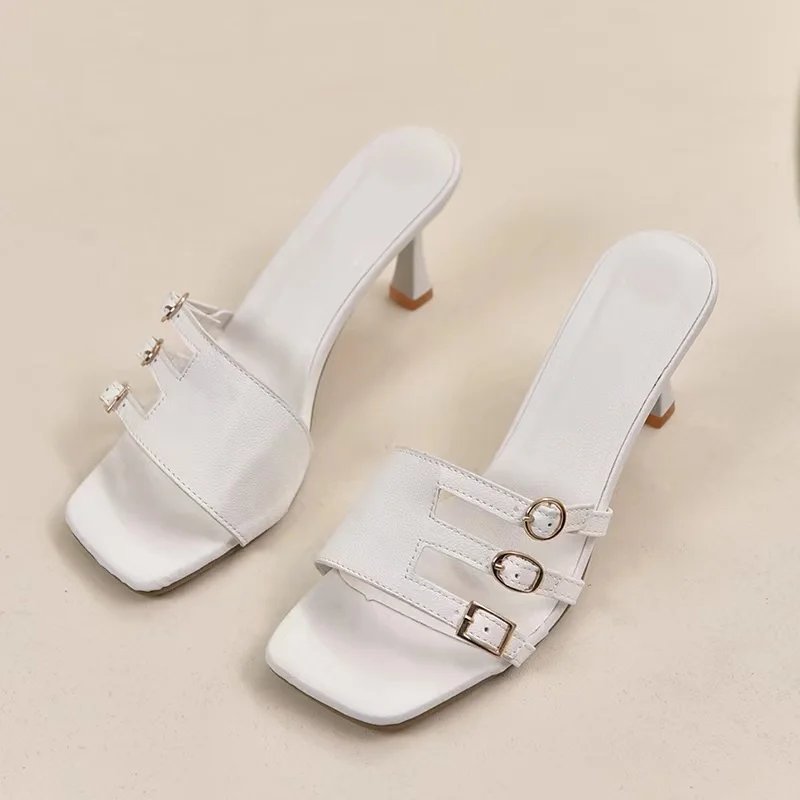 

Summer Women Shoes Sandals Pumps Slingbacks Square Toe PU Fashion Narrow Band Shallow Thin Heels Slip-On Casual Party