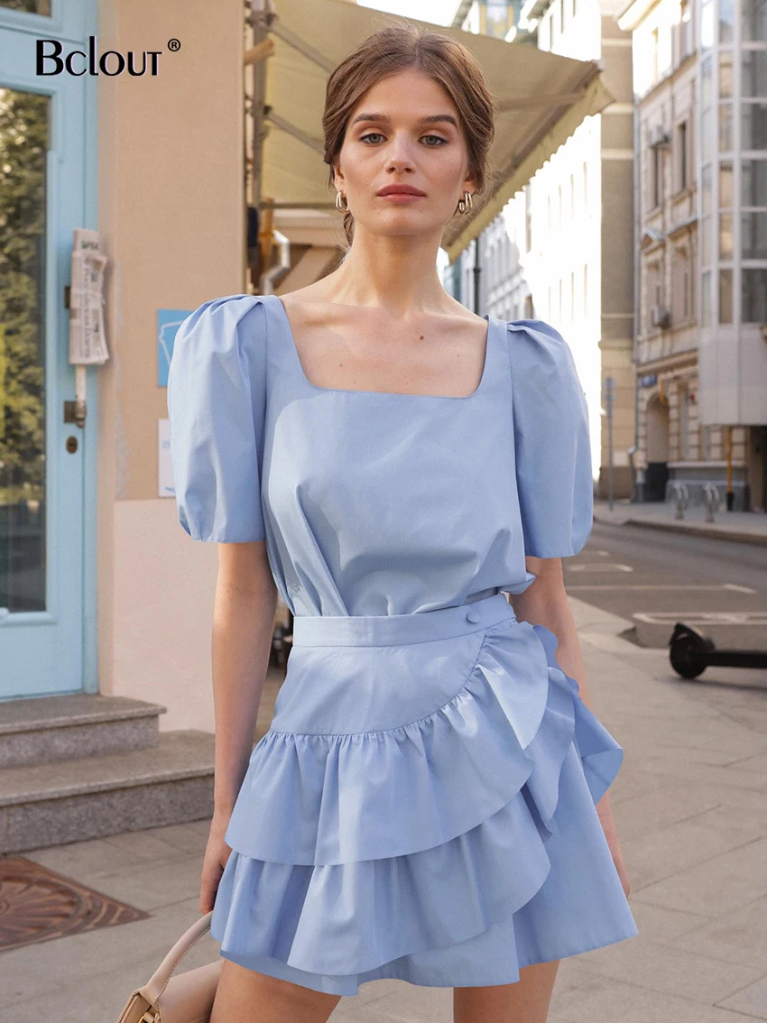 

Bclout Elegant Blue Wrap Dress For Women 2022 Summer Lantern Sleeve Ruffled Dress Casual Square Collar A-Line Party Mini Dresses