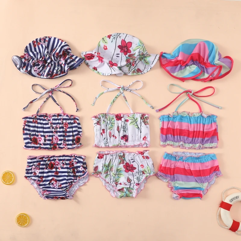 

2022 Baby Girls Split Swimsuit Set, Summer Floral Printing/Stripe Hanging Neck Sleeveless Lace Swimwear + Shorts + Swim Cap