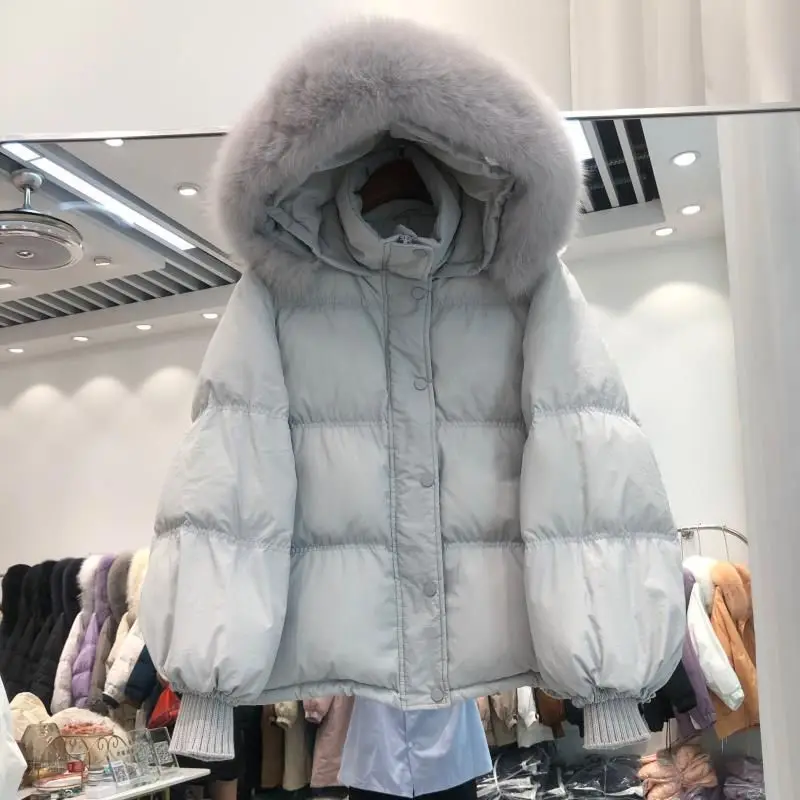 Пальто хлопковое женское с большим меховым воротником маленькая Очаровательная