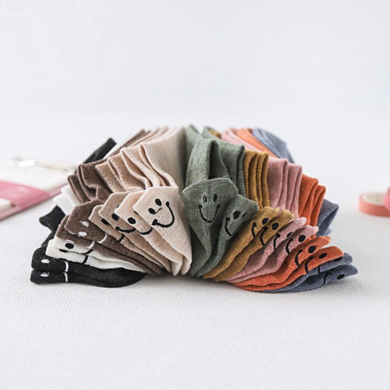 5 Pairs Spring Summer Female Socks Japanese Lovely Personality Heel Embroidered Smiling Face Lovers Solid Cotton Ankle Socks