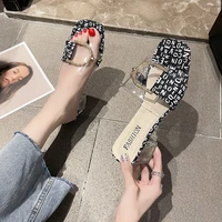 sandals luxury women crystal chunky heel pu leather slippers pvc letter metal buckle square head hot fashion pumps mujer zapatos