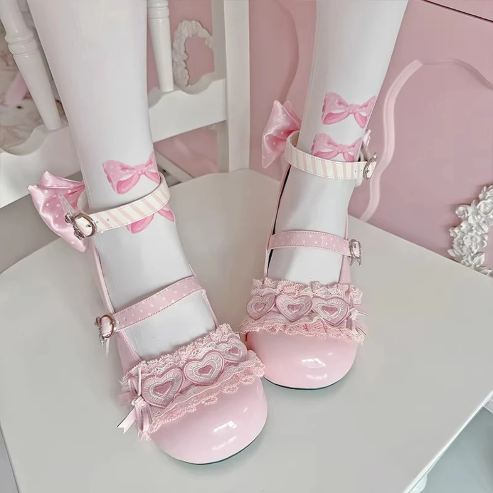 Фото Оригинальные женские туфли Kawaii Lolita на платформе, туфли-мэри-джейн с круглым носком, повседневные милые туфли на высоком каблуке для женщин №1