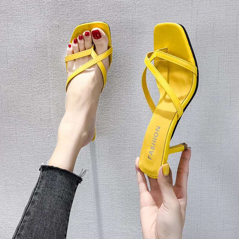 

New Summer Sandals Slippers Thin High Heels Flip Flop Hollow Women Shoes Sexy Pumps Slippers 7cm Yellow 2022 Women Shoes