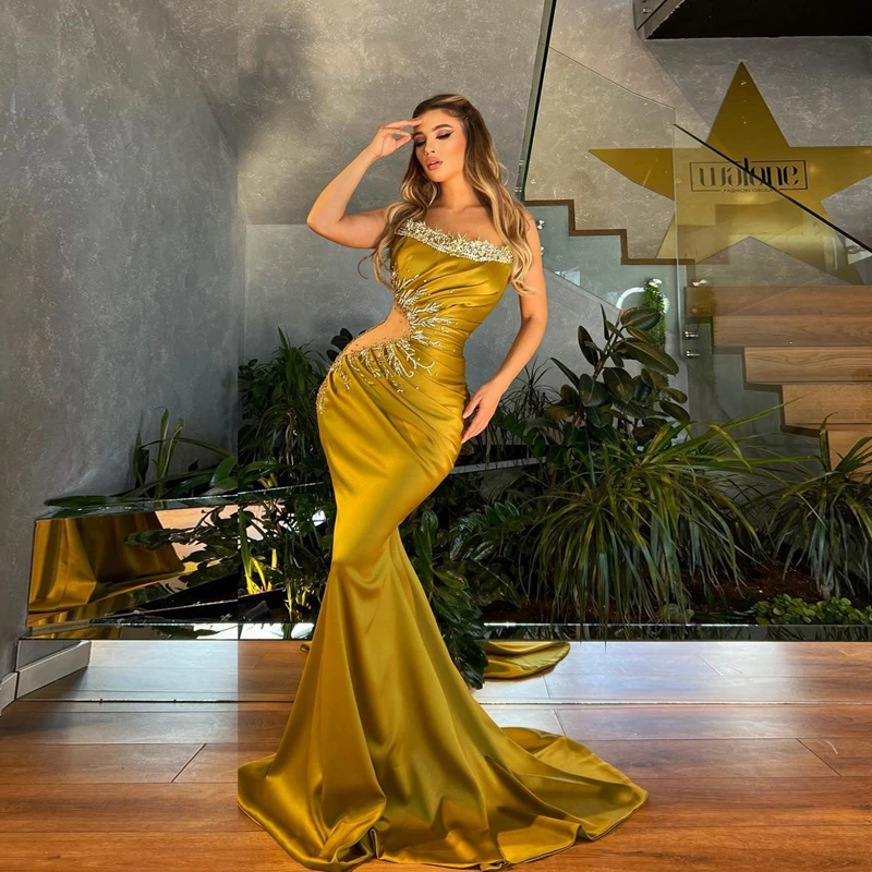 

Strapless Beaded Satin Prom Gowns Glitter Crystals Mermaid Formal Party Dress Floor Length Elegant Taffeta Evening Dresses