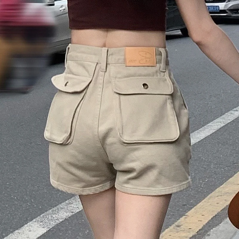2023 New Cargo Thin Light Khaki Denim Shorts Women's Summer Wear High Waist Slimming American Loose Leisure Workwear Jean Shorts