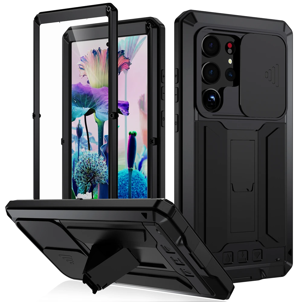 

Heavy Armor Metal Aluminum Silicone Case For Samsung Galaxy S23 Ultra S22 Plus S21 FE Shockproof Built-in Kickstand Glass Cover
