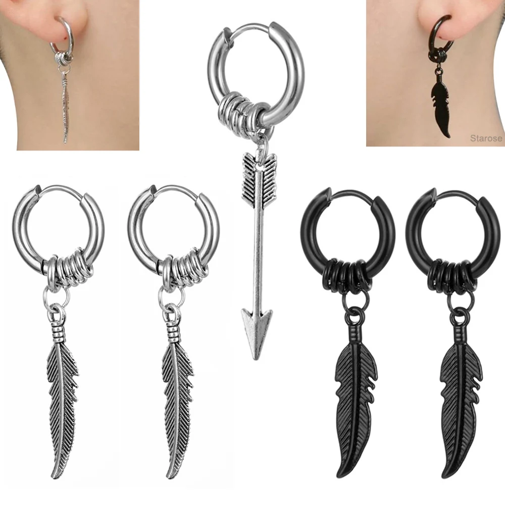 

1 Pair Stainless Steel Feather Arrow Ear Ring Hoop Earrings Buckle Helix Piercing Stud Lobe Piercing Bar Dangle Earring Jewelry