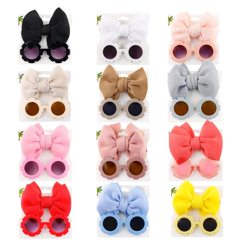 

Children Baby Girls Sunglasses Hair Band Set Solid Color Cartoon Glasses Knot Bow Headband Photo Props Gifts