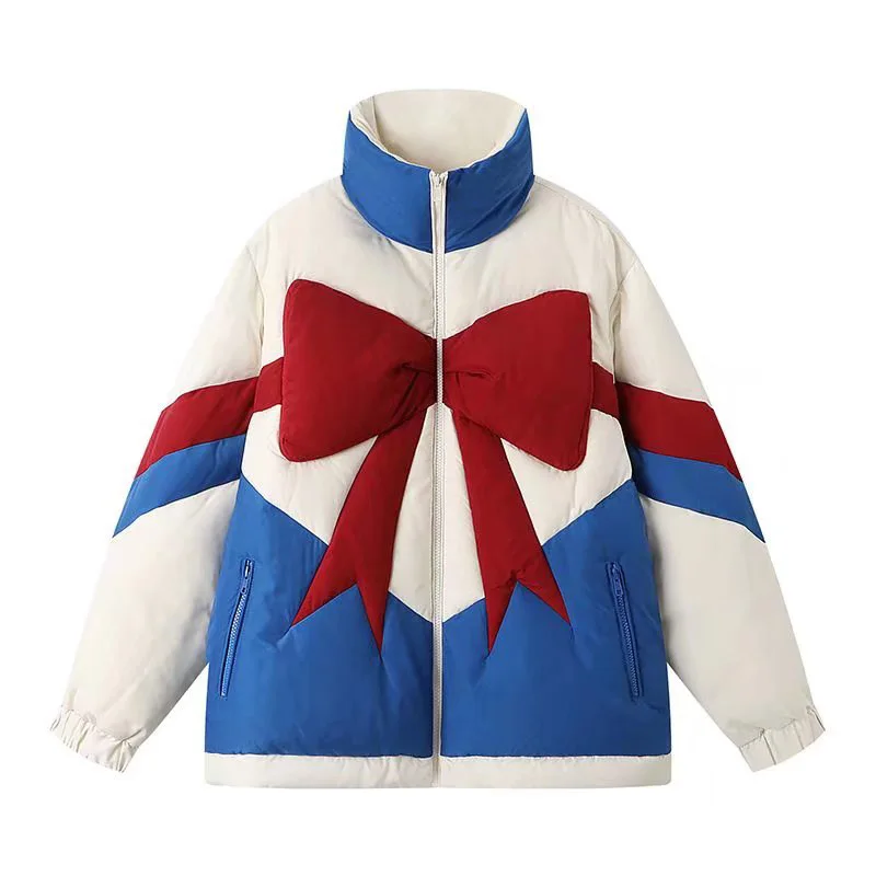 Stand Collar Down Jacket Women's New Winter Thick Cotton Jacket Design Bow Coat Contrast Color White Eiderdown Bread Jacket