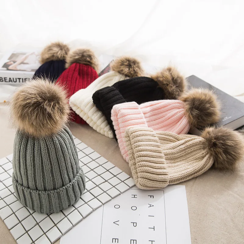 

Warm Knitted Beanie Caps Winter Women Fur Pom Poms Hat Thick Women Skullies Beanies Hat Thick Women Hairball Elegant Women Hat