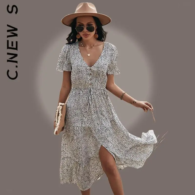 

C.New S Dress Women Fashion V Neck Draw String Button Dress Holiday Ladies Dress Slim Basic Woman Clothes Vestidos Female