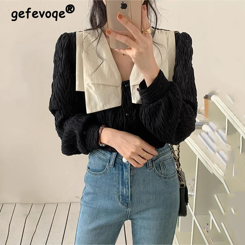 Simple Autumn Elegant Single-Breasted Blouses Women New Korean Loose Casual Vintage T-Shirts Long Sleeve Chic Sweet Tops Female