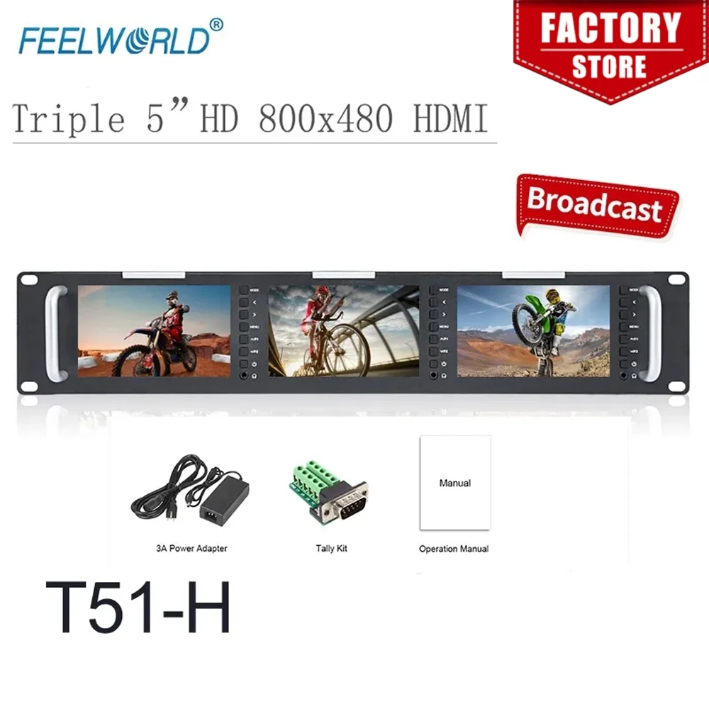 Монитор для вещания Feelworld, тройной, 5 дюймов, 2RU, 800x480, HDMI, AV
