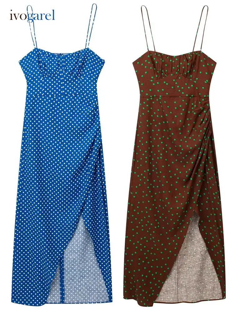 

Woman Dotted Linen Blend Corset Sleeveless Dress Thin Cross-Backstraps Ruched Sides Mujer Vestido Ivogarel Fashion Clothing