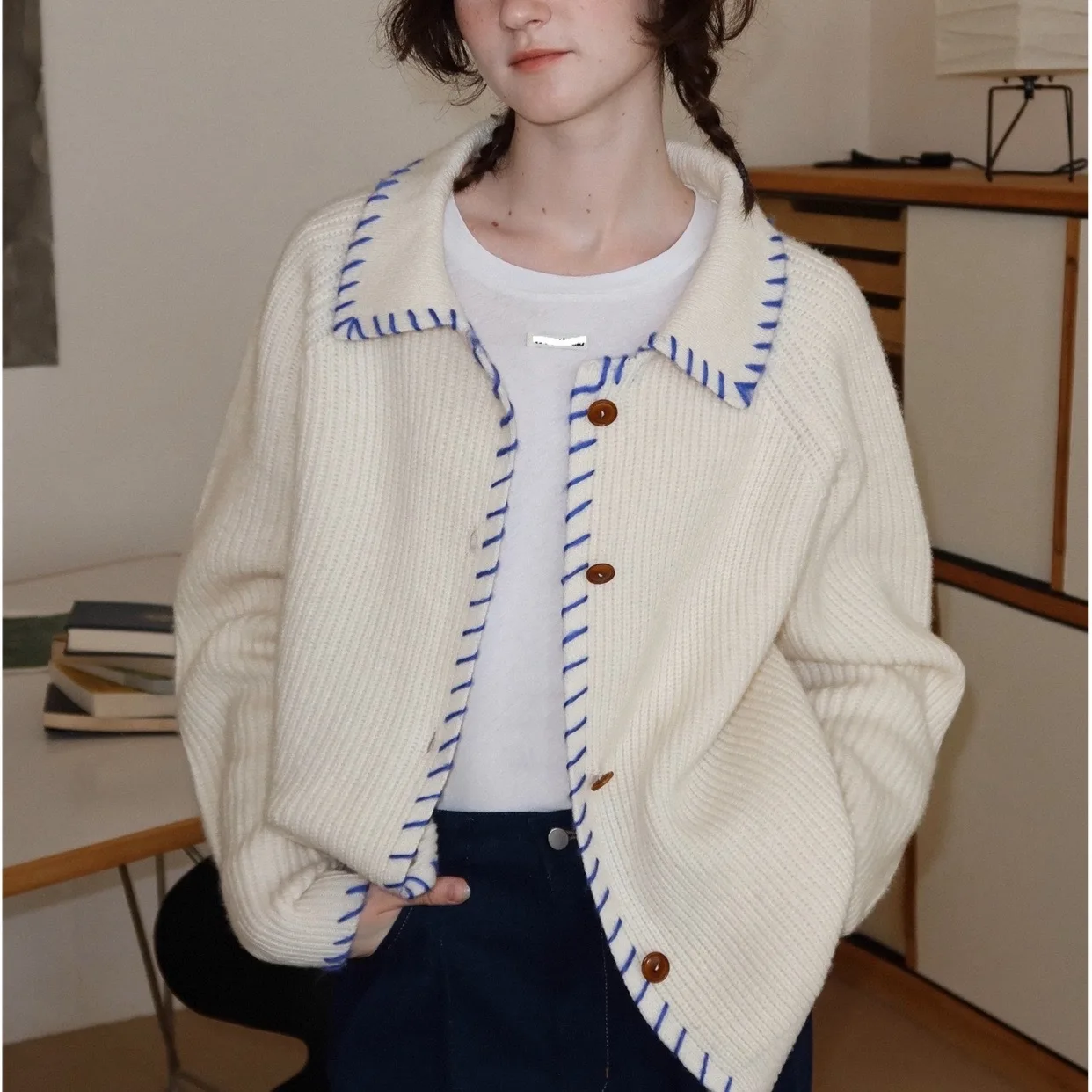 UMI MAO вязаная куртка Исландия синий 650 г высокий вес ручной работы контраст 100