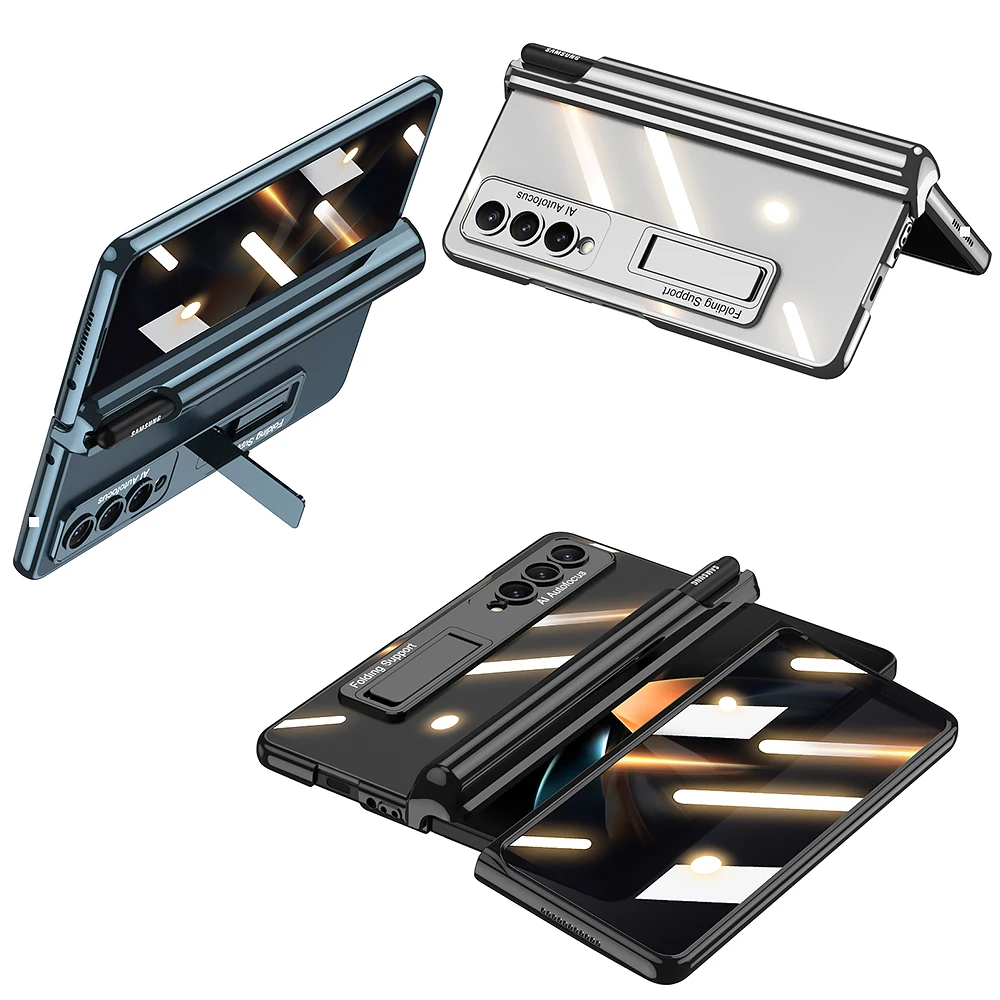 Transparent Plating Case For Samsung Galaxy Z Fold 4 5G With Pen Slot Holder Cover Tempered Glass Film For Galaxy Z Fold 4 Cases