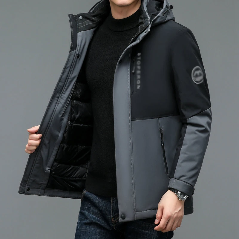 Men Basic Hooded Puffer Parkas Black Grey Colour Block Patchwork Design Thick Thermal Puff Overcoat Lining Detachable Warm Coat