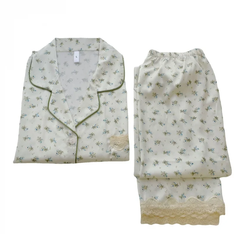 Women's Pajamas Spring New Ice Silk Long Sleeve Cardigan Suit Summer Large Size Xiaolanhua Homewear