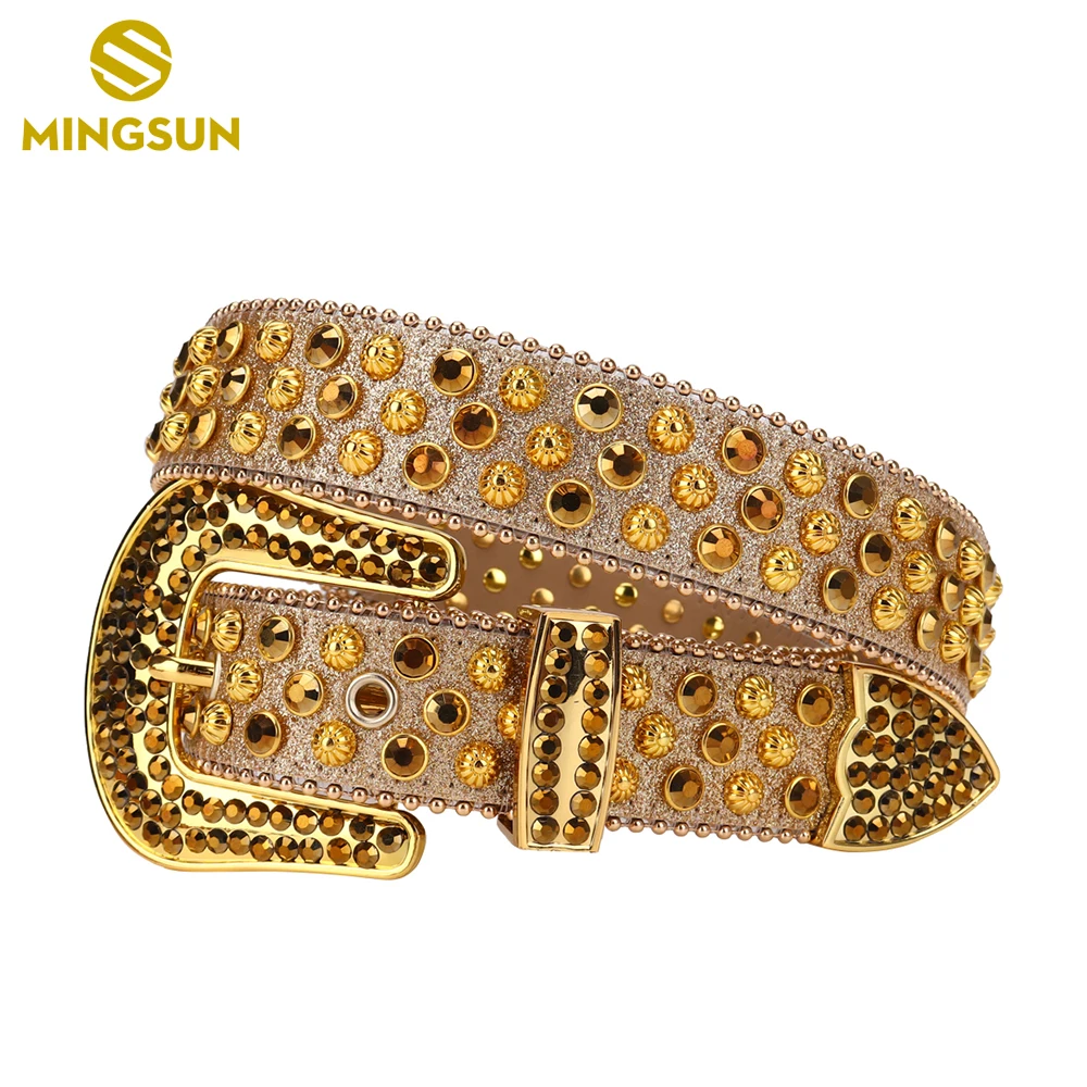 Cinturón de cuero Para Hombre y mujer, cinturón de lujo con diamantes de imitación dorados, a la moda, con tachuelas