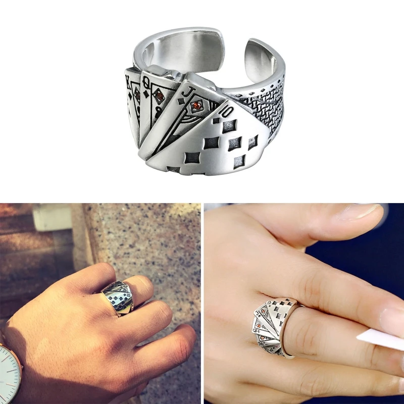 

41XC Hip Hop Fashion Exaggerated Cool Opening Ring Playing Card Crystal Rings for Men Women Vintage Party Punk Jewelry