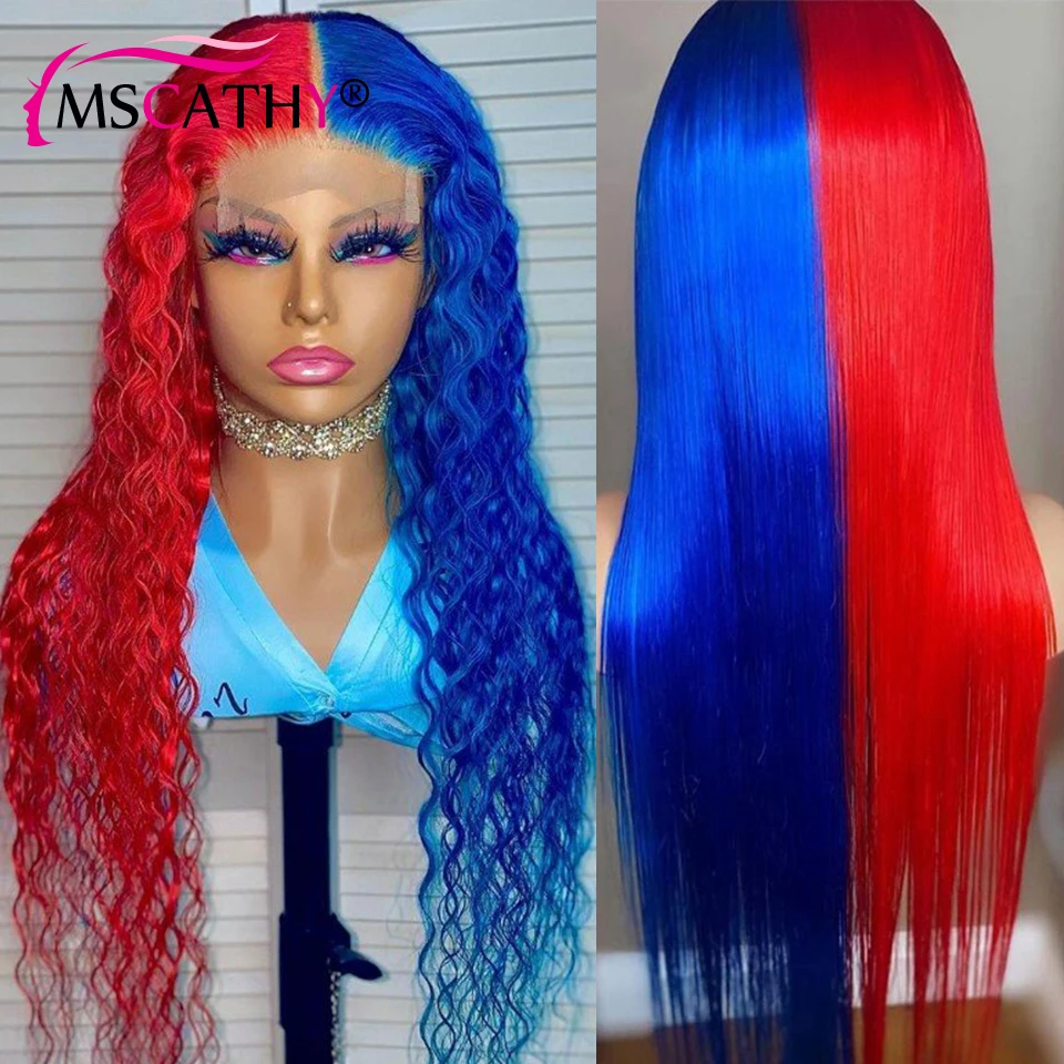 Deep Wave Lace Front Wig Straight Blue Red Omber Colored Wigs Pre Plucked HD Transparent Lace Frontal Wigs For Women Human Hair