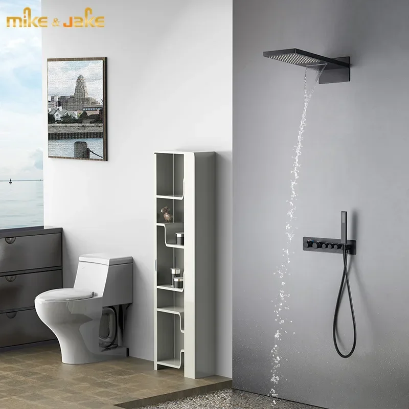 Роскошный черный водопадный душ термостатический набор для ванны большой