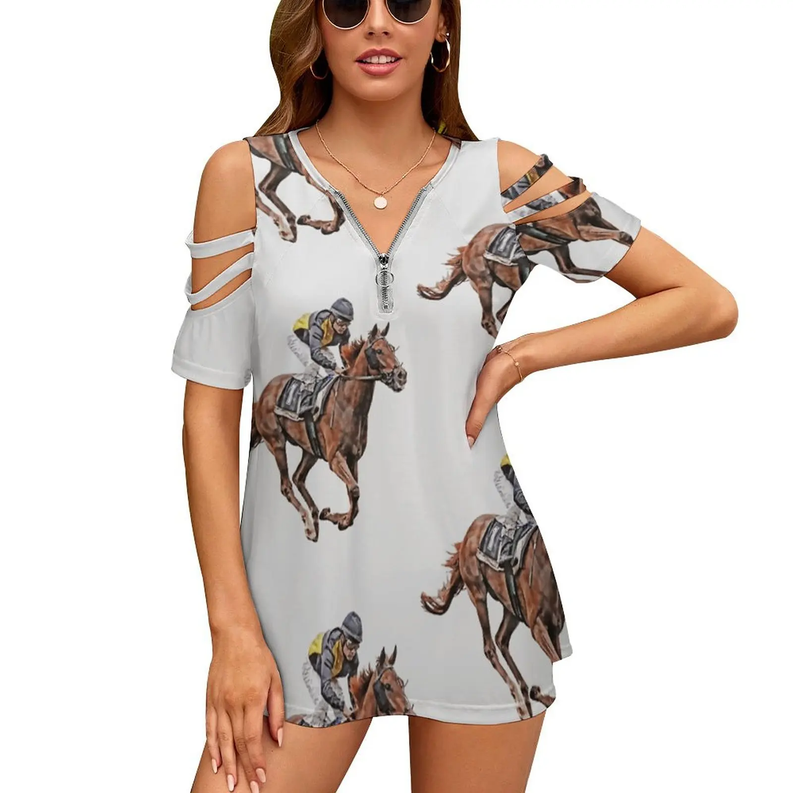 

Женская рубашка с коротким рукавом и открытыми плечами, на молнии