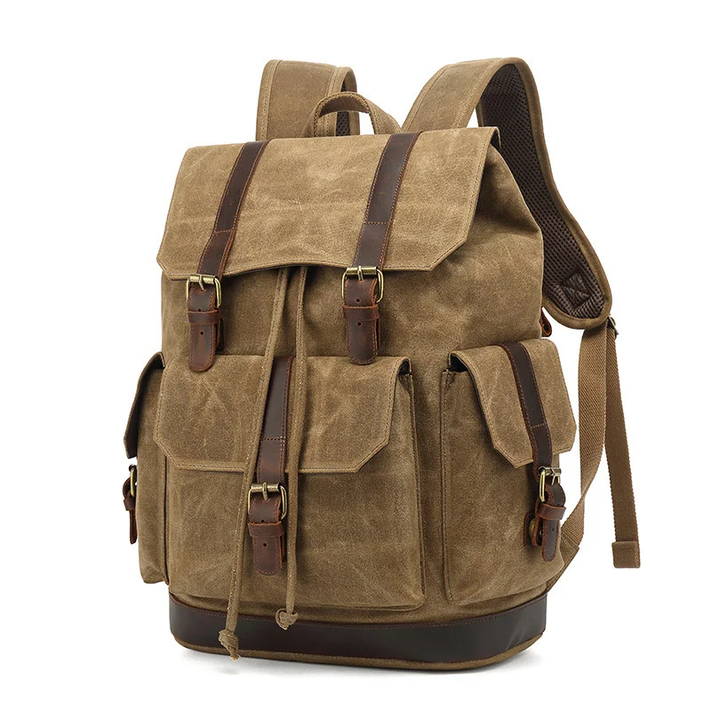

Vintage Canvas Backpack Mens Travel Leather Rucksack for Laptop Hiking School Bookbag Satchel Mountaineering Bag Men