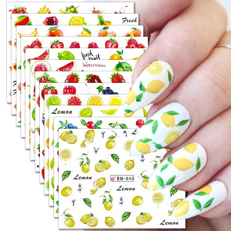 

12pcs Summer Fruit Nail Stickers Lemon Strawberry Watermelon Nail Decals Water Transfer Decal Cactus Nail Design Manicure Deco