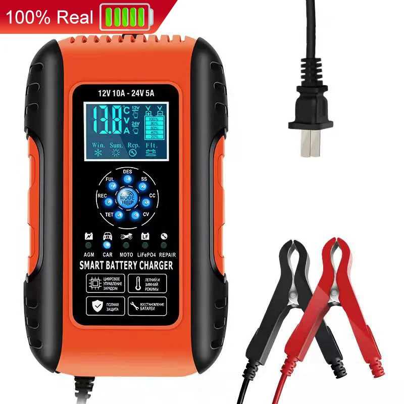 

7-ступенчатое струйчатое автомобильное зарядное устройство 12V 24V 10A Портативный автомобильный держатель батареи мотоцикла для геля, AGM, LiFePO4, ...
