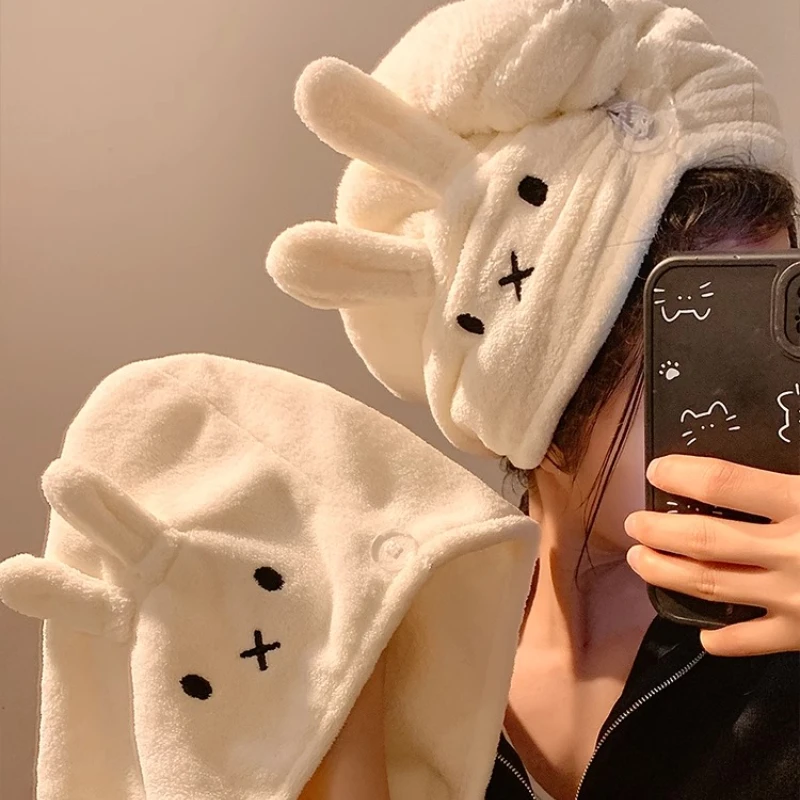 Фото Симпатичная бархатная шапочка для сухих волос Miffy Coral, супер впитывающее полотенце для девочек, быстросохнущая шапочка для душа с обертыванием волос, мультяшная шапочка для сухих волос №3