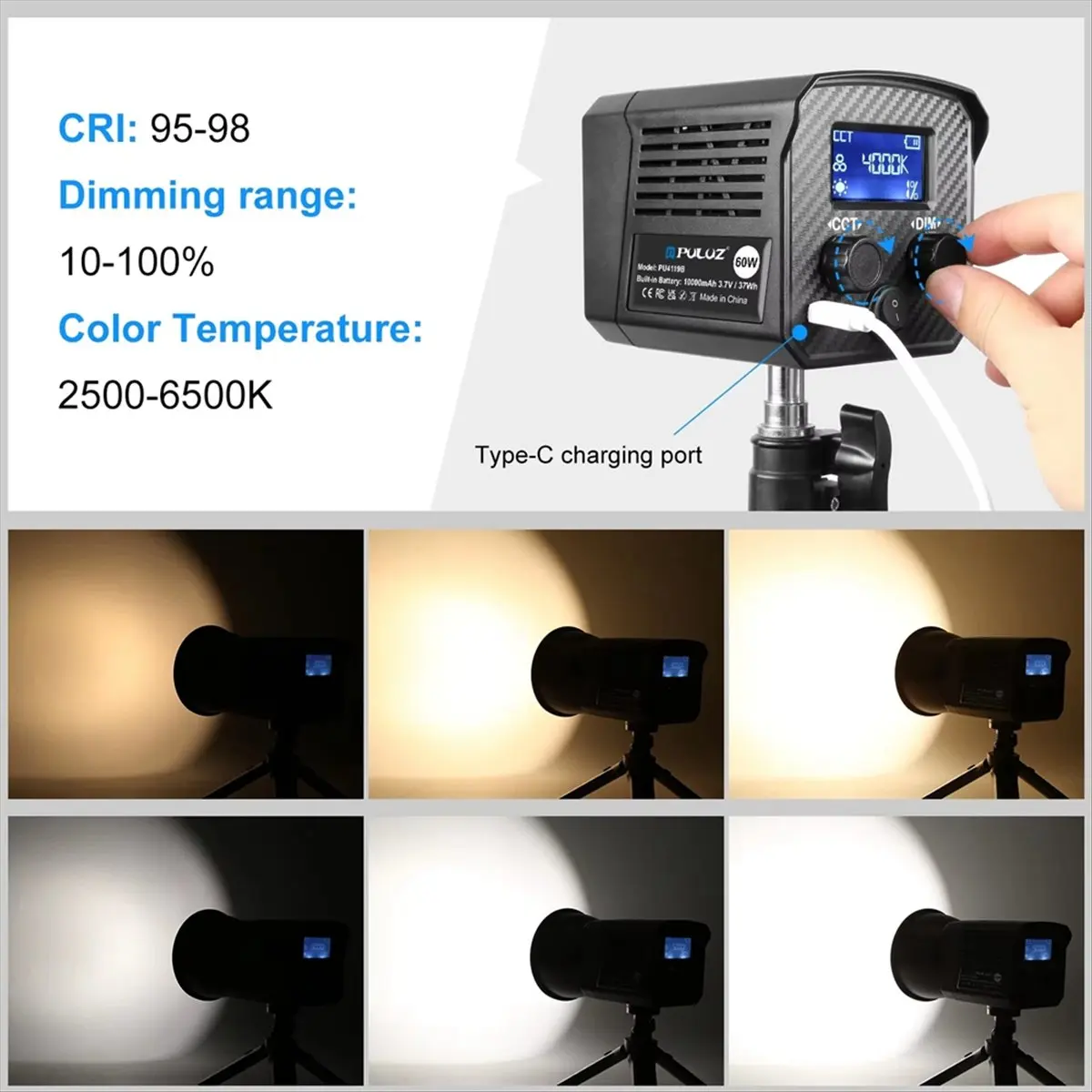 Фото N05R PULUZ 60W Портативный студийный видеосвет для фотосъемки, 2500K-6500K, двухцветный, профессиональный COB-светильник №1