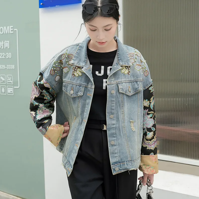 Женская джинсовая куртка в китайском стиле однобортная винтажная пэчворк с