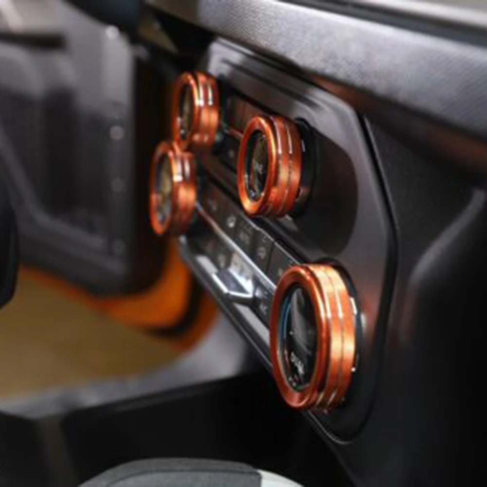 

4pcs Car Air Condition Switch Knob Trim Cover Decor Ring For Ford Bronco 2021 2022 Red Silver AC Control Knob Trim Ring Parts