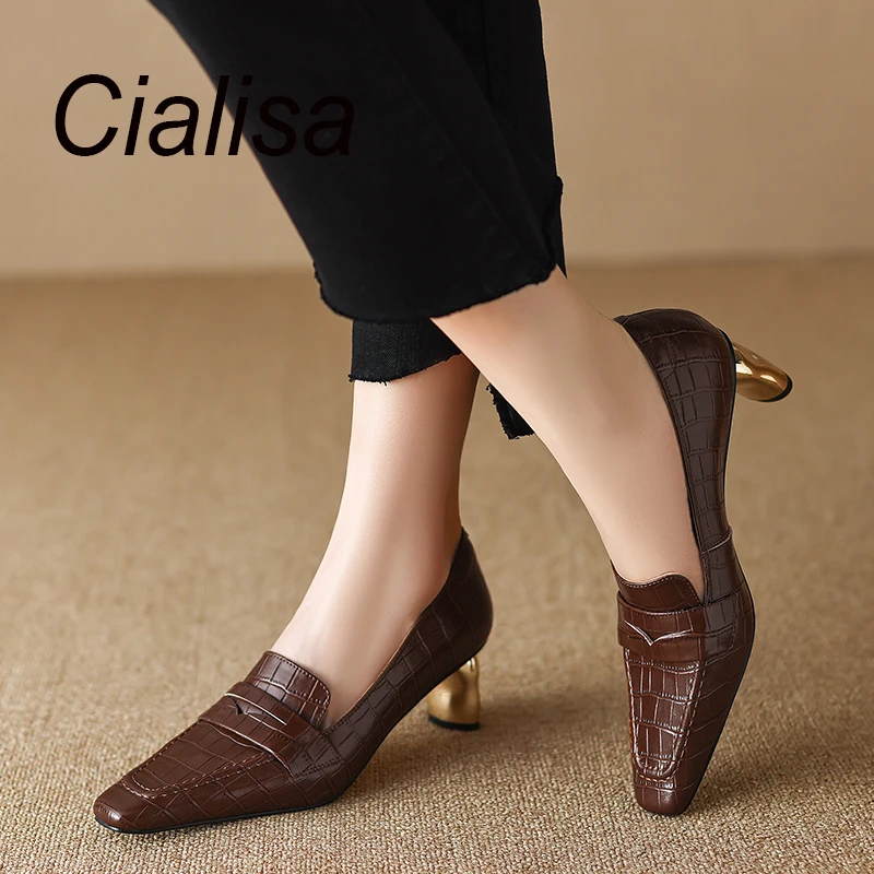 Cialisa Fashion Women Pumps New 2023 Spring Wine Red Genuine Leather Casual Shoes Square Toe Strange Style Heel Lady Footwear 40