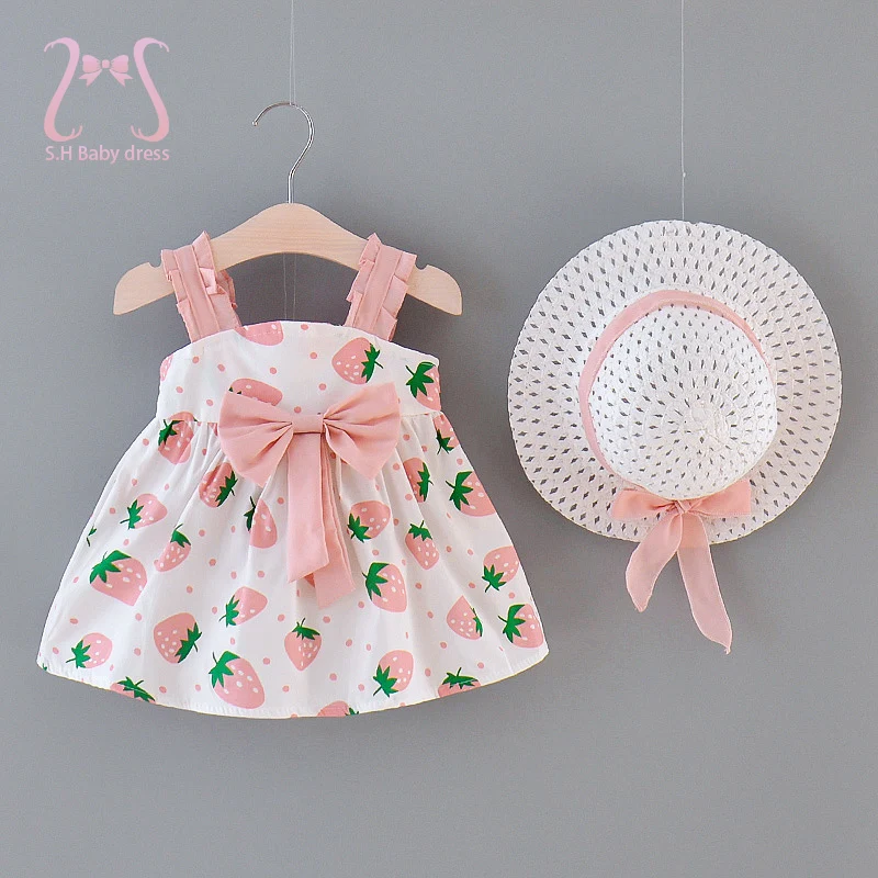 

2pcs Baby Girl Clothes Summer Strawberry Bow Beach Party Dresses Kid's Clothing Fashion Toddler Clothes + Hat 0 To 3 Years